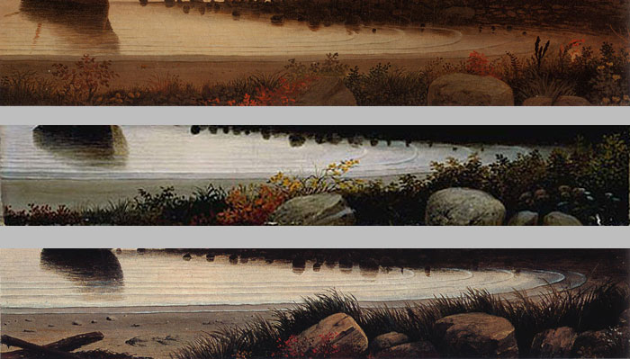 The foreground of the three paintings also shows variations developed in the studio.